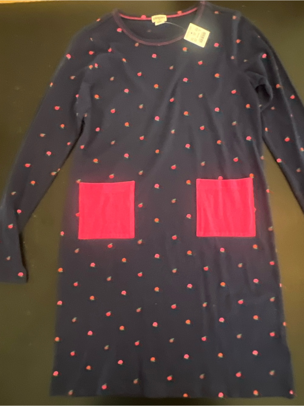 Crewcuts Navy Long-Sleeve Dress with Red Pocket & Apple Motif